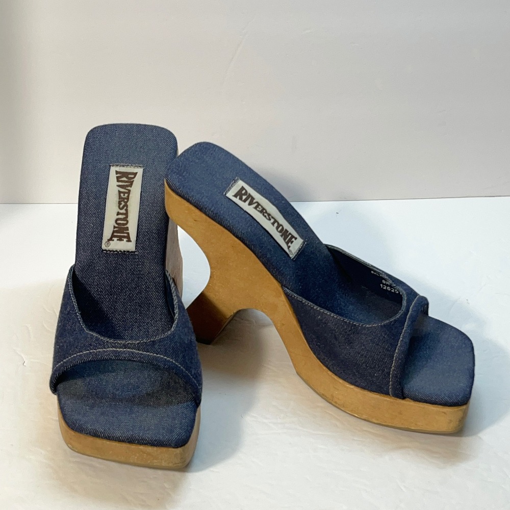 Riverstone Womens Sandals 8M Blue Joli Denim Platform Sculptural Wood Wedge Y2K